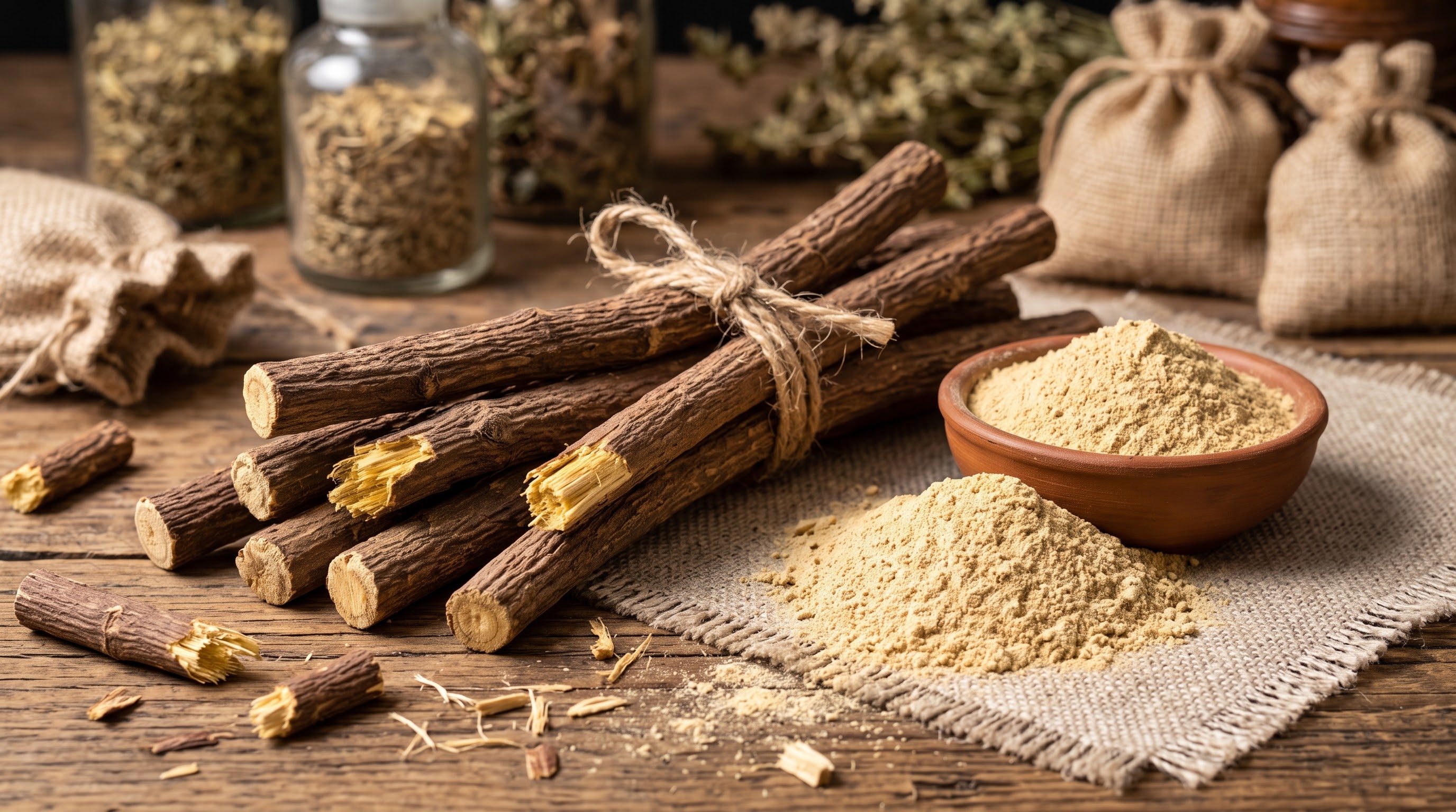 جذور عرق السوس (Licorice root): أعواد خشبية ليفية بنية اللون ومسحوقها الأصفر/البيج.